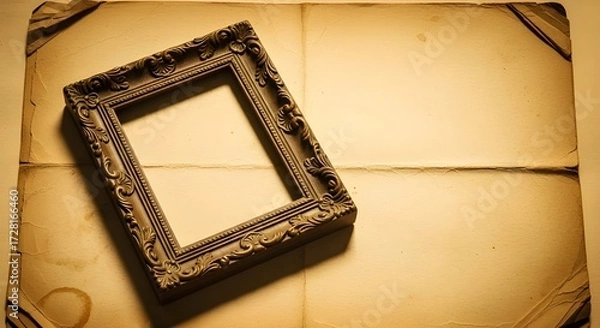 Fototapeta Empty picture frame on old vintage paper sheet isolated PNG with Transparent Background