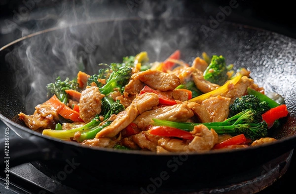 Fototapeta Stir-fried chicken with vegetables in a wok