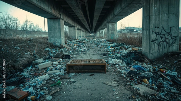 Fototapeta Urban decay and environmental neglect under a highway bridge with scattered debris, trash and graffiti making a stark commentary on pollution and waste