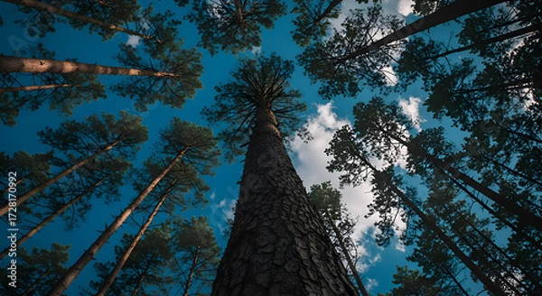 Fototapeta Tall Pine Trees Forest Under Blue Sky with Clouds in Natural Light