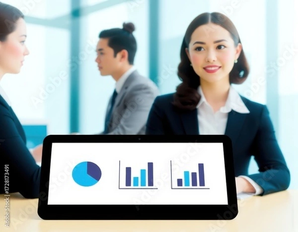 Fototapeta big data analytics and business intelligence concept with chart and graph icons on a digital screen interface and a businesswoman in background ui interface user