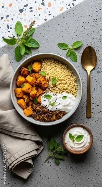 Fototapeta Overhead view of a bowl with couscous, squash, yogurt, and basil on a textured surface