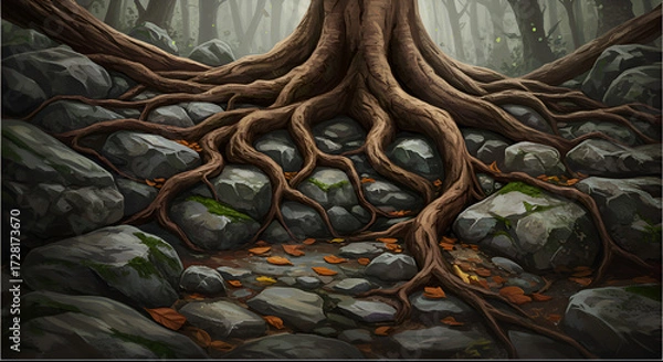 Fototapeta Ancient Tree Roots Growing Over Rocks in Forest Scene
