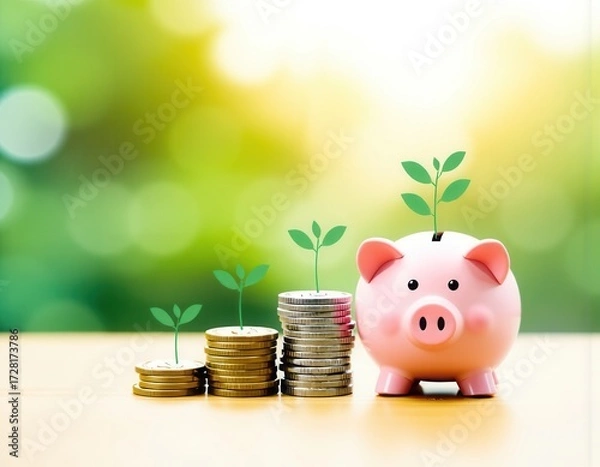 Fototapeta business finance and saving money concept Money coin stack growing graph with piggy bank saving conceptplant growing up on coin ui interface user