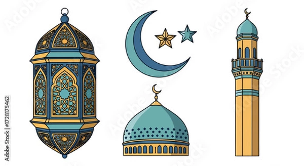 Obraz Islamic cultural elements including a detailed lantern, crescent moon with stars, mosque dome, and minaret on a clean background, perfect for religious or cultural designs