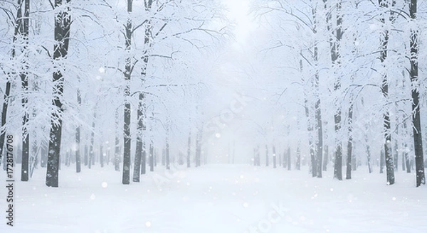 Fototapeta Snowy Winter Forest Path Covered in White Snow with Frosted Trees and Falling Snowflakes