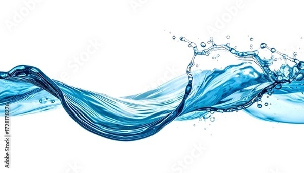 Fototapeta Dynamic blue water splash and wave with clean droplets against a bright white background, perfect for refreshing concepts