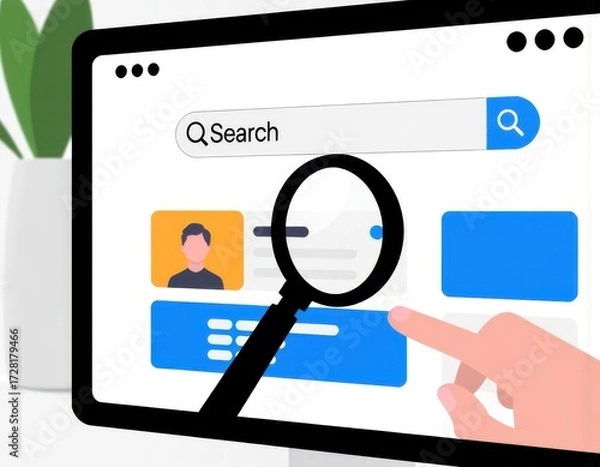 Fototapeta Businessman hand use magnifying glass Search On Virtual Screen Data Search Technology Search Engine Optimization Searching for information Using Search Console for data info ui interface user