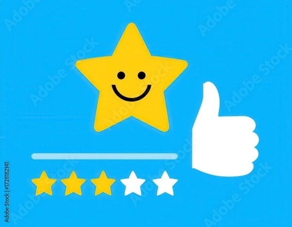 Fototapeta Customer satisfaction concept thumb up Positive emotion happy smile face and star with copy space feedback service survey standard quality User give rating to service experience certification ui inter