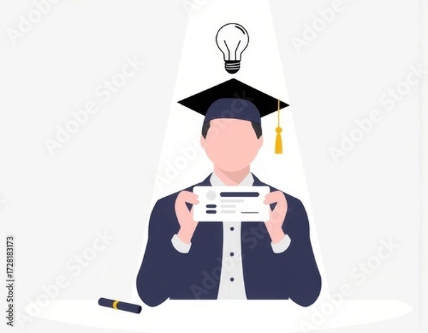 Fototapeta Elearning graduate certificate program concept Man hands showing graduation hat in light bulb Internet education course degree study knowledge creative thinking idea problemsolving solution ui interfa