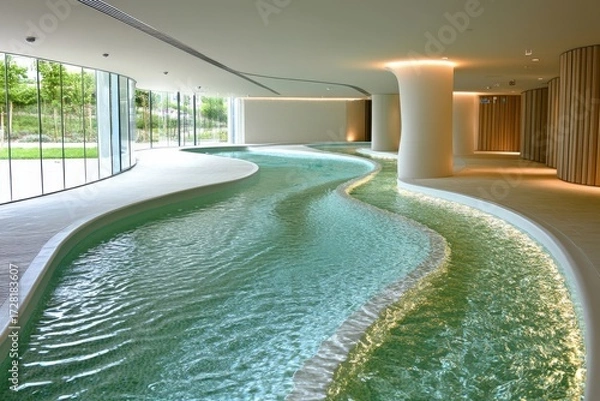 Fototapeta Serene turquoise river flows indoors with large windows, natural light and pillars. Use this image for spa resorts, wellness retreats, or luxury health destinations.
