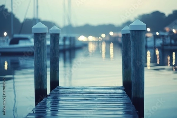 Fototapeta Wooden dock at twilight, leading to a calm marina with blurry lights. Use it for travel blogs or peaceful, reflective scenic backgrounds.