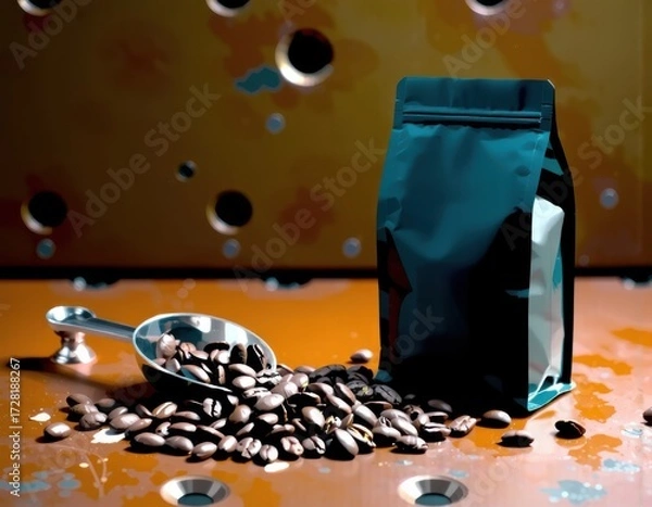 Fototapeta coffee beans bag and scoop on old rusty background ui interface user