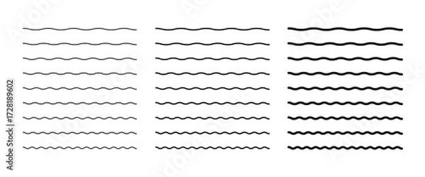 Fototapeta A set of simple horizontal wavy underlining lines, isolated on white is the sign of water, sine, wave, vector. Abstract graphic element, black silhouette for design, decoration, highlighting, border, 