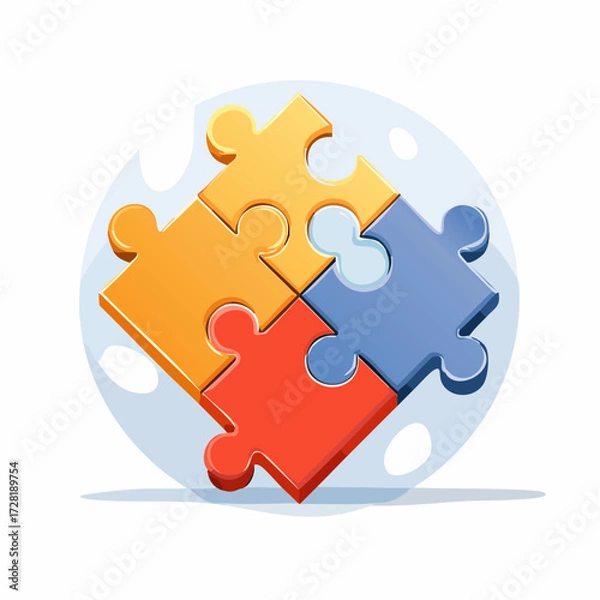 Fototapeta Four Colorful Jigsaw Puzzle Pieces Interlocking on a Light Blue Background with Shadow Effect Illustrative Graphic