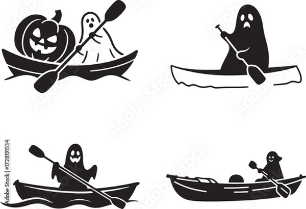 Obraz Black silhouette ghost Halloween Spooky Ghosts Rowing Kayaks with Pumpkins on Halloween