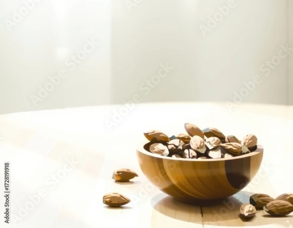 Fototapeta Almonds in wood bowl on light wood table Almond concept with copyspace ui interface user