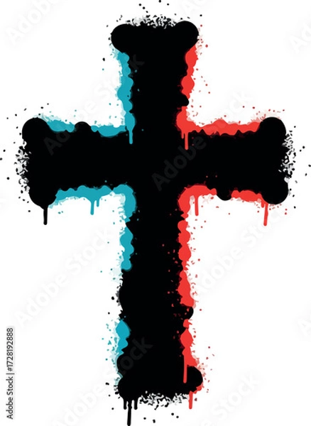 Obraz Graffiti Cross Art with Red and Blue Accents on White Background.