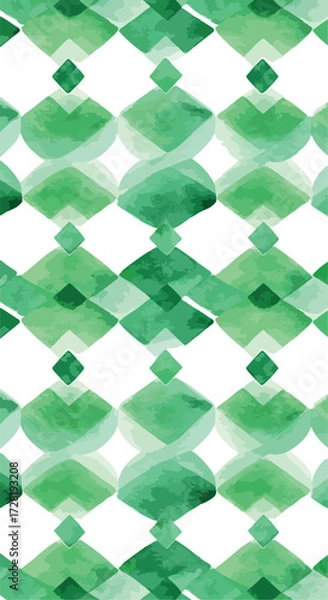 Fototapeta Green watercolor pattern with geometric shapes and artistic design.