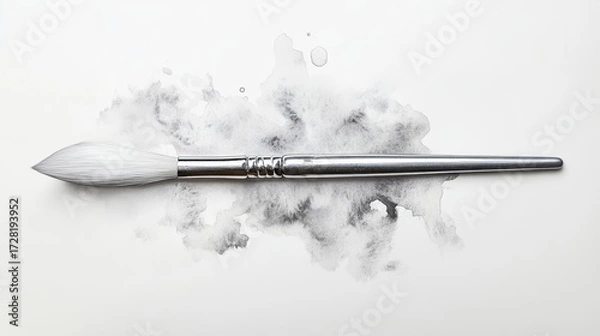 Fototapeta Silver ferrule brush with white bristles on watercolor stain background. This artsy image can be used for creative and artistic design projects.