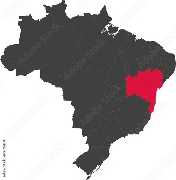 Fototapeta Map of Brazil split into individual states. Highlighted state of Bahia.