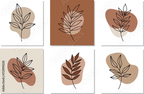 Fototapeta Minimalist botanical art featuring elegant leaf illustrations in earthy tones.