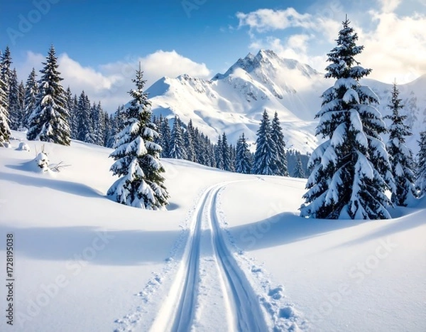 Fototapeta Snowy Mountain Peaks and Fir Trees in Winter Wonderland