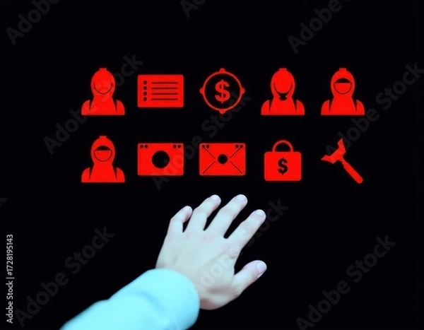 Fototapeta Cyberattack warning concept featuring a hand reaching toward digital red alert icons symbolizing system hacks data breaches financial threats and identity theft in a highrisk tech space ui interface u