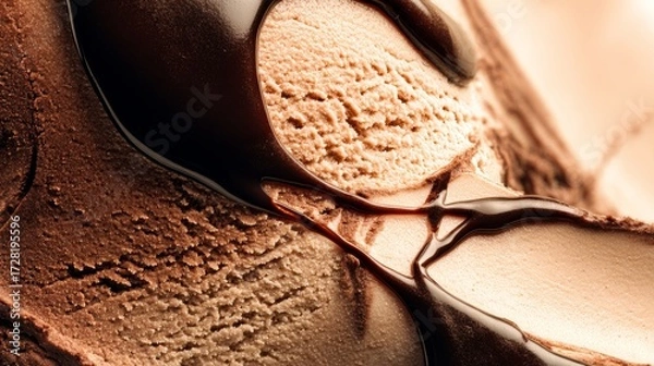 Fototapeta Macro Shot of Decadent Chocolate Ice Cream with Glossy Fudge Sauce, Cinematic Food Photography
