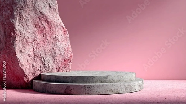 Fototapeta Small geometric stone podium at bottom with clean surface under soft pink gradient background, leaving 80 percent blank space ideal for cosmetic product display and beauty campaign mockup.