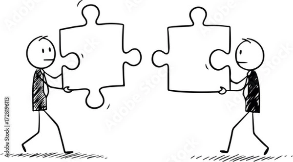 Fototapeta Teamwork and collaboration concept with two people holding puzzle pieces.