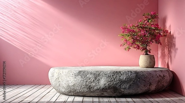 Fototapeta Bottom aligned geometric stone platform with small empty surface, soft pink gradient backdrop, offering large blank area for beauty cosmetic product presentation and elegant minimal campaign design.