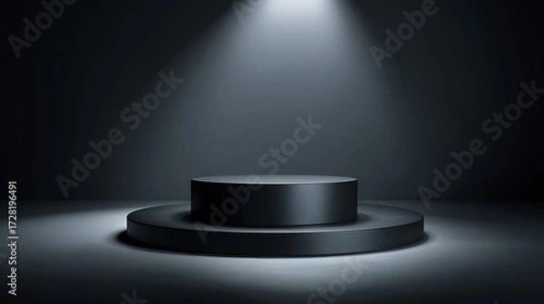 Fototapeta Small matte black metallic podium at bottom center with spotlight and dark gradient background, wide blank area for premium technology display, product launch and commercial branding.