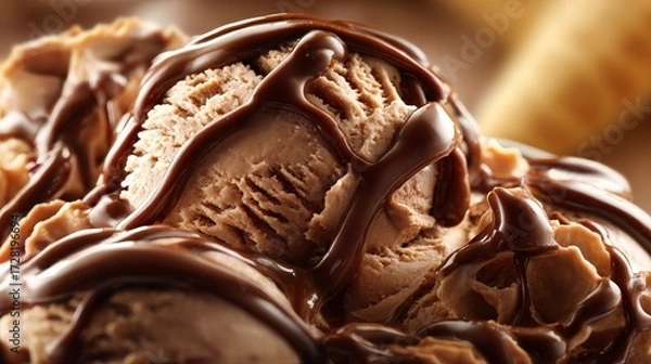 Fototapeta Macro Shot of Decadent Chocolate Ice Cream with Glossy Fudge Sauce, Cinematic Food Photography