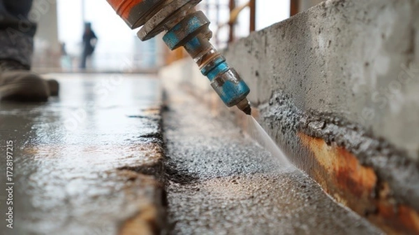 Fototapeta Close-up of high-pressure water cleaner is used on wet concrete surface. Illustrates construction site work, cleaning, and preparing surfaces.