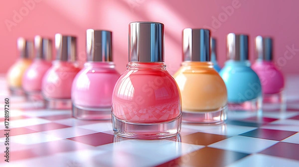 Fototapeta Illustration of a row of light pastel-colored nail polish bottles on a checkerboard background.
