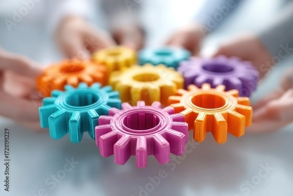 Fototapeta Hands hold colorful plastic gears, a macro shot of business elements. It symbolizes teamwork, engineering, and the interconnectedness of ideas.