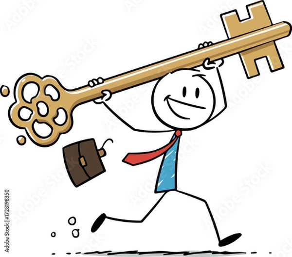 Fototapeta Successful businessman running with a giant golden key representing achievement.