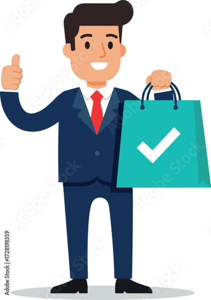 Fototapeta Successful businessman holding shopping bag with checkmark showing approval and satisfaction.