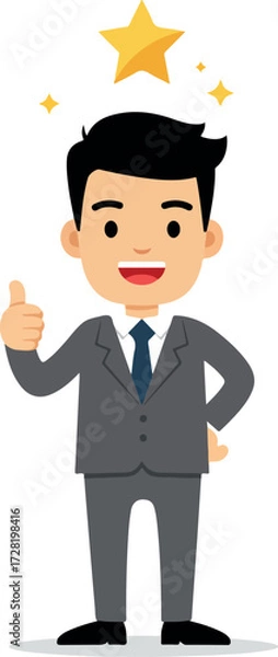 Fototapeta Successful businessman with a thumbs up gesture and a star above his head.