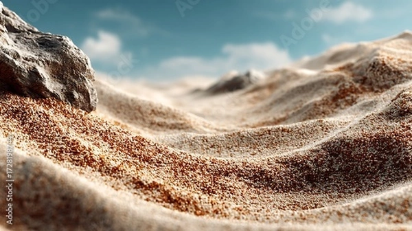 Fototapeta Minimal desert sand surface with soft horizon blur, providing 75% empty background for lifestyle product display, mockups, wellness, natural cosmetics, and eco-friendly branding campaigns.