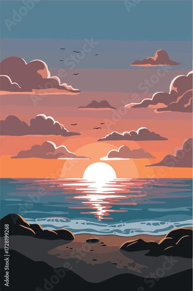 Fototapeta Sunset over the ocean with the sun reflecting on the water.