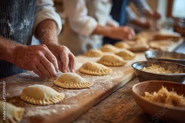 Fototapeta Close-up on hands making empanadas on a floured wooden board with ingredients. It can illustrate traditional cooking, baking courses, or family recipes.