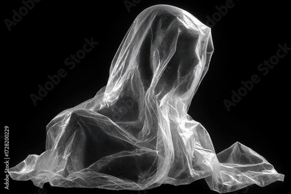 Fototapeta A mannequin is draped in textured plastic against a stark black backdrop. Use for concepts like protection, the unknown, or artistic expressions.