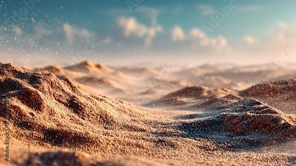Fototapeta Minimal desert sand surface with soft horizon blur, foreground composition, providing 75% empty space for wellness products, lifestyle mockups, eco-friendly branding, and natural cosmetic displays.