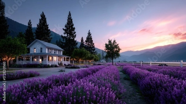 Obraz Scenic Lavender Farm at Dusk with Glowing Lights and Dramatic Sky Mountain