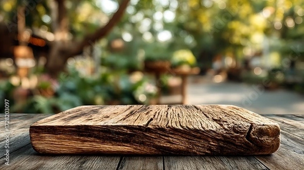 Fototapeta Natural wooden podium at bottom center with small empty surface, soft blurred garden background, leaving 75% blank space for organic products, eco-friendly branding, and healthy lifestyle display.