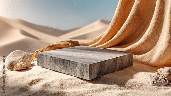 Fototapeta Minimalist stone platform on sandy beige background with 75% empty space, perfect for cosmetic product branding, skincare display, beauty product presentation, and modern clean lifestyle visuals.