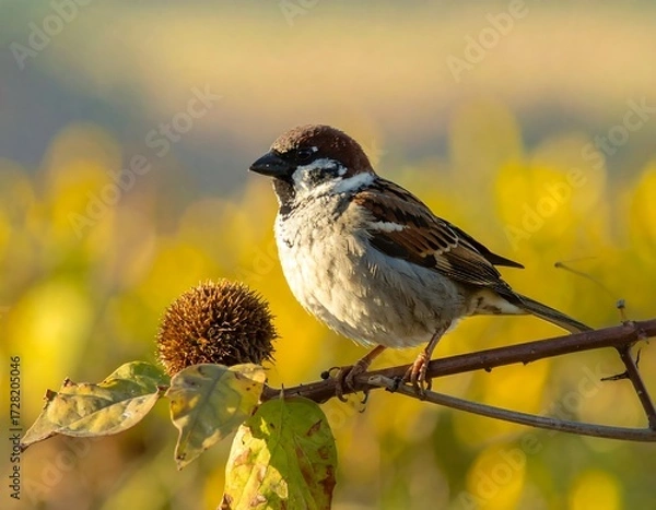 Fototapeta Sparrow perched on branch amidst autumnal foliage