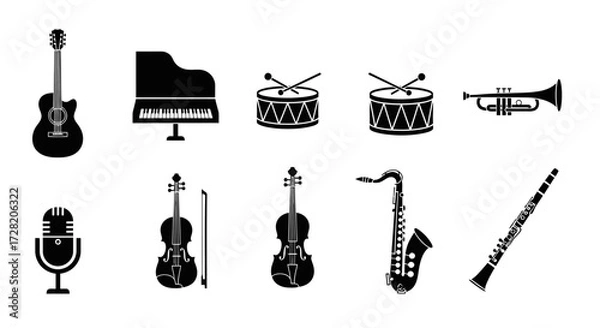 Obraz Discover diverse musical instruments including guitar, piano, drums, trumpet, violin, saxophone, clarinet, and microphone icons for your creative projects.